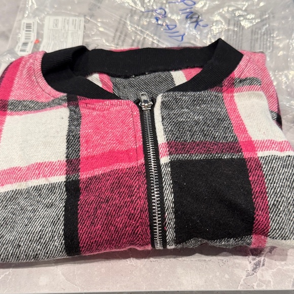 Jackets & Blazers - Pink and Black Plaid Zip-Up Jacket